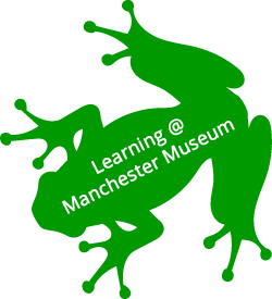 Lemur leaf frog symbol, with Learning @ Manchester Museum strapline