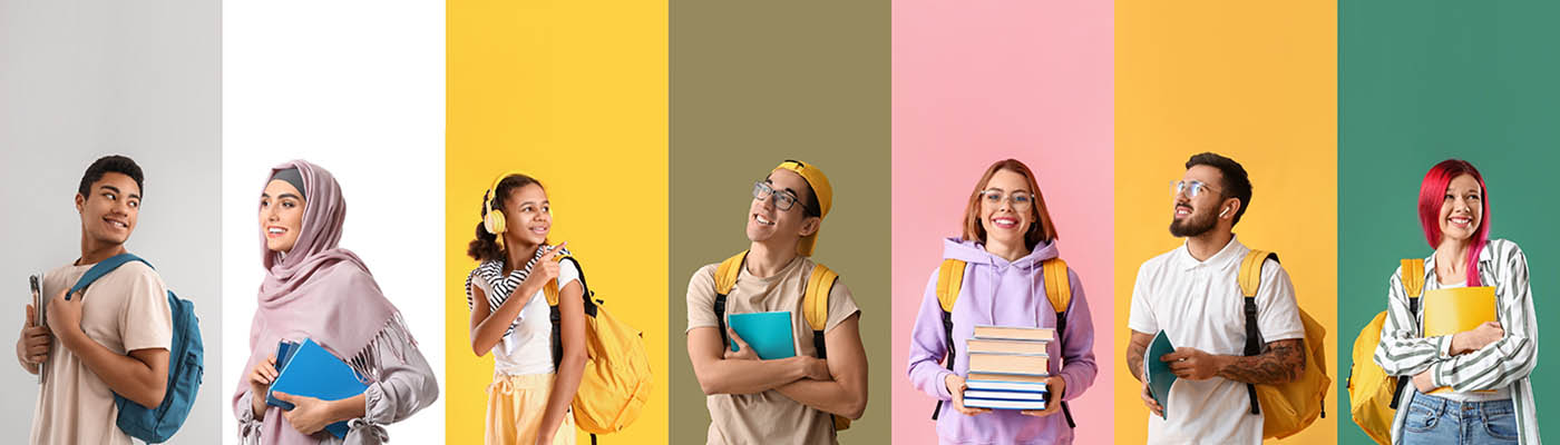 A diverse group of students on a striped background.