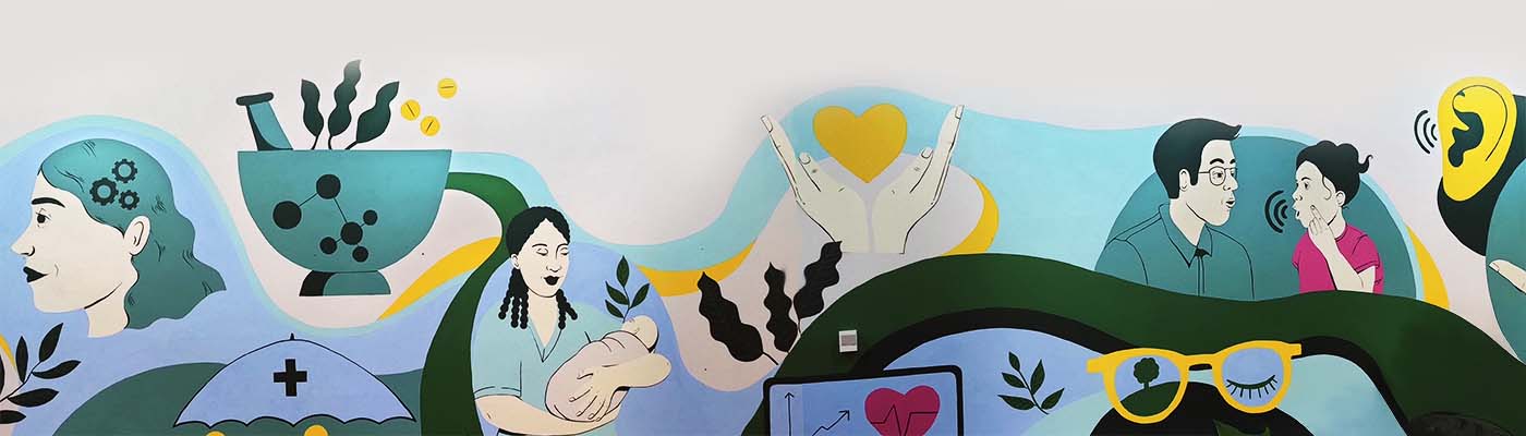 A mural in the Jean McFarlane Building, depicting all of the disciplines in the School of Health Sciences.