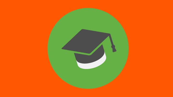 A mortar board icon on an orange background.