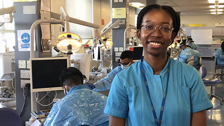 A dental student stood in the dental skills suite.