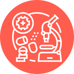 Red icon of an illustration showing a microscope with cogs and tablets.
