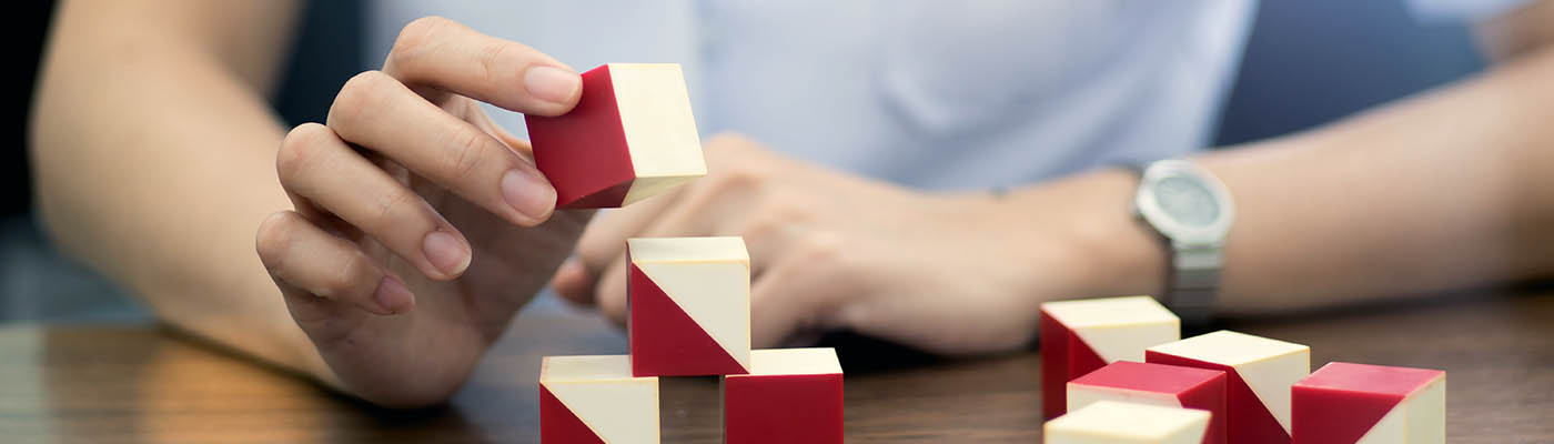 Cognitive rehabilitation using red and white blocks.