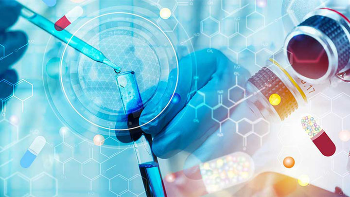 Graphic showing test tubes, medicine and microscope and other graphics