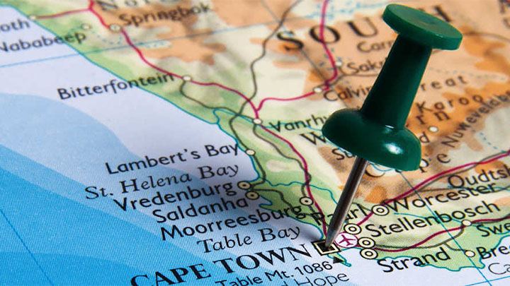 A map of South Africa with a pin stuck in Cape Town.