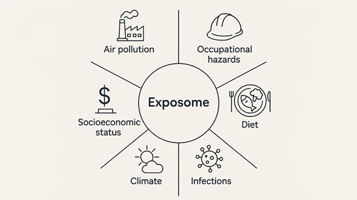 Illustration showing the major exposome factors as described in the accompanying text.