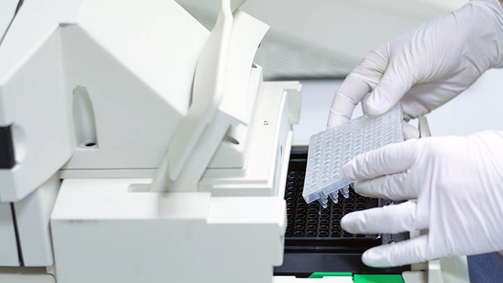 96 well plate being loaded into a PCR machine.