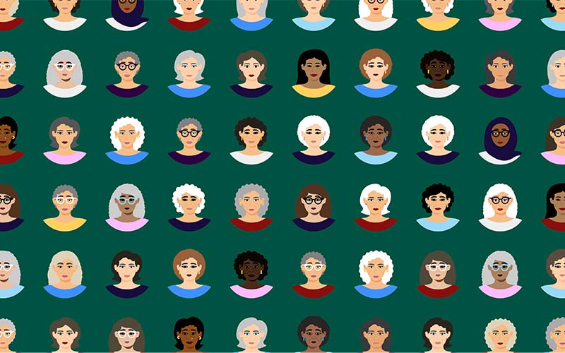 Range of diverse icons of women's face displayed in a grid pattern