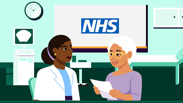 Medical professional and patient with form in hand. NHS logo in background.