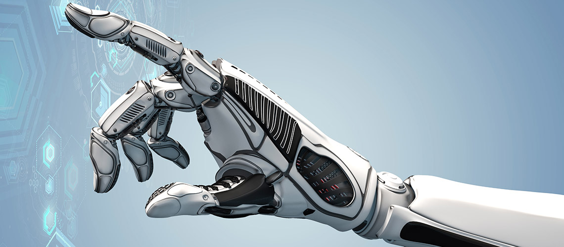 Futuristic design concept. A robotic mechanical arm looks as like a human hand. Cybernetic organism with Artificial Intelligence working with virtual Infographic HUD. - Illustration 