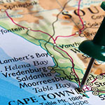 A map of South Africa with a pin stuck in Cape Town.