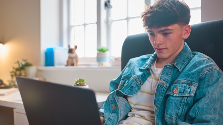 A teenage boy looking at a laptop.