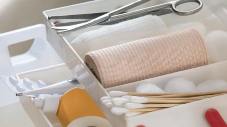 Wound dressing equipment in a tray.