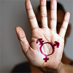 Hand with a transgender symbol drawn on it.