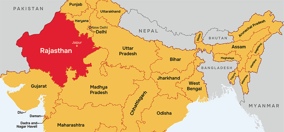 Rajasthan state map, India.