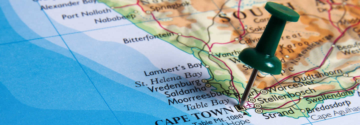 A map of South Africa with a pin stuck in Cape Town