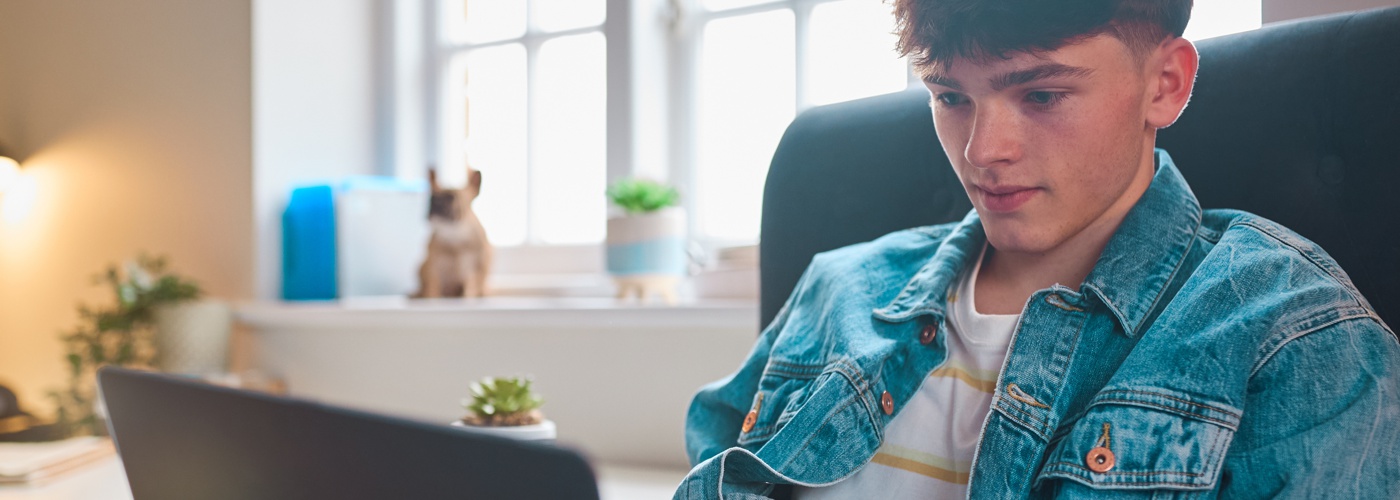 A teenage boy looking at a laptop.