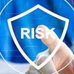 A medical professional with a digital overlay of health icons and the word 'risk'.