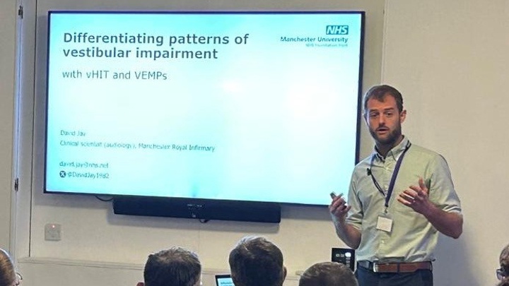 David Jay giving a talk on vestibular impairment.