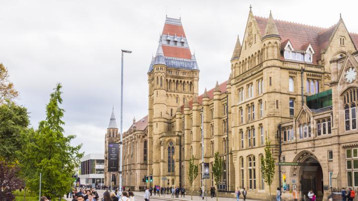 Grand buildings at the University of Manchester, along Oxford road.