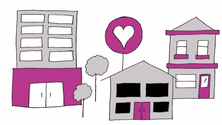 Hand-drawn cartoon of a charity's headquarters.