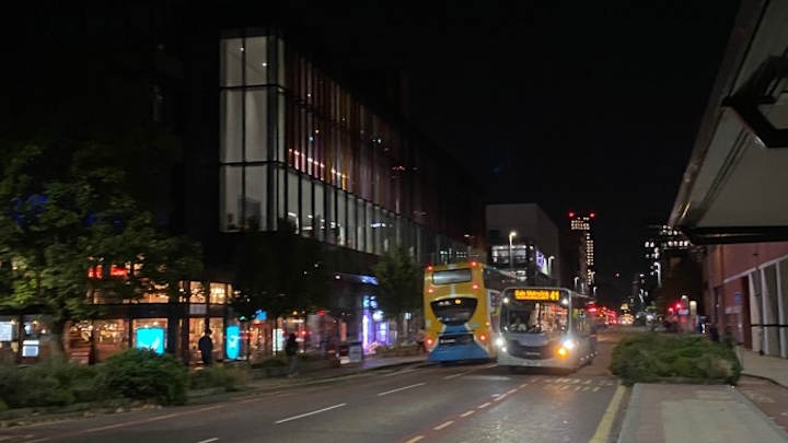 A photo of Oxford Road at night.