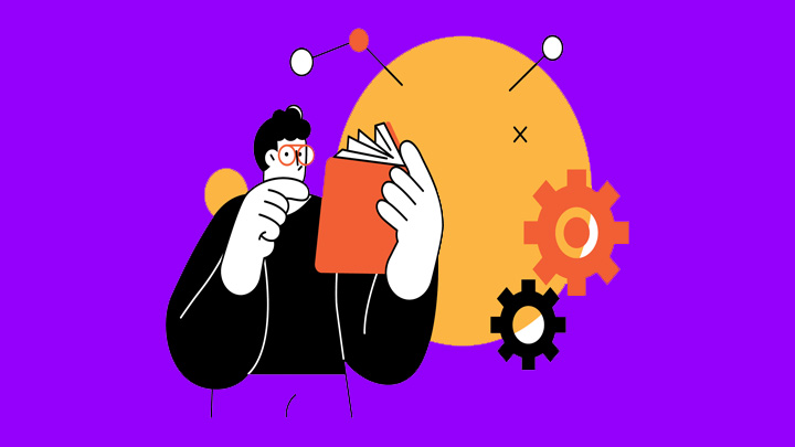 An illustration of a person reading a book with cog icons to indicate learning.