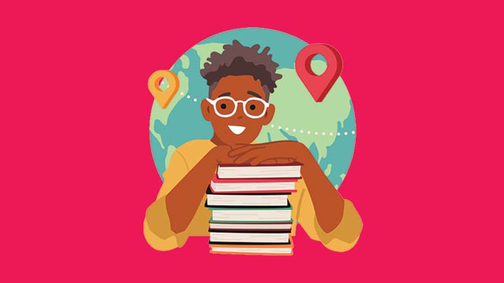 An illustration of a student with a stack of books, in front of a globe with location markers.