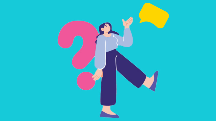 An illustration of a person standing beside a large question mark.