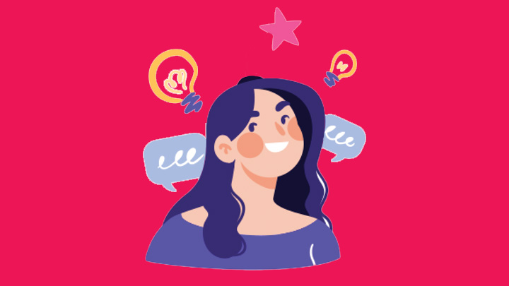 An illustration of a smiling person surrounded by speech bubbles and light bulbs.