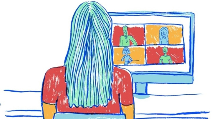 An illustration of a student at a computer.