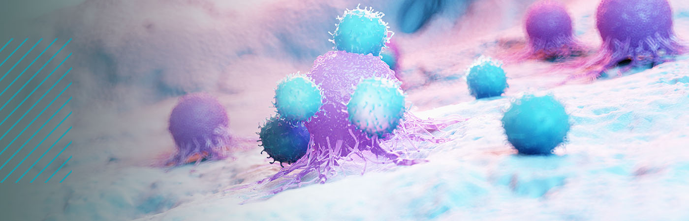 Illustration of leukocytes attacking a cancer cell.