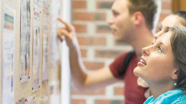 Students reading items on a noticeboard.