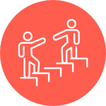 An icon showing a person ascending stairs, meeting another person shaking hands.