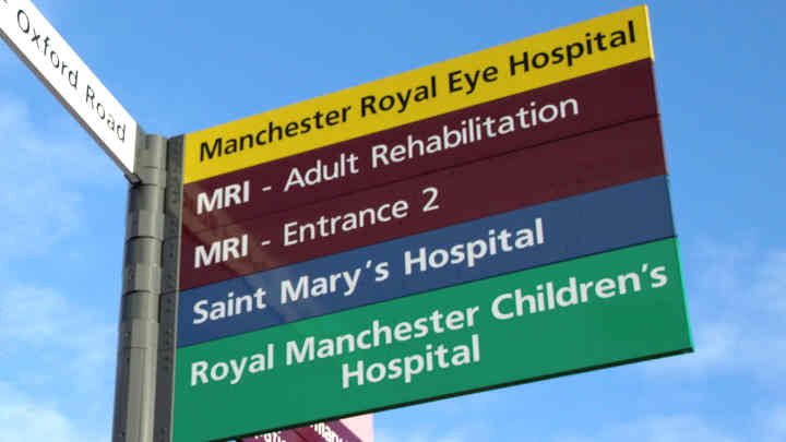 A signpost at central Manchester hospitals.