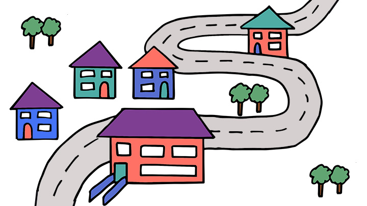 Hand-drawn cartoon of buildings connected by road. 