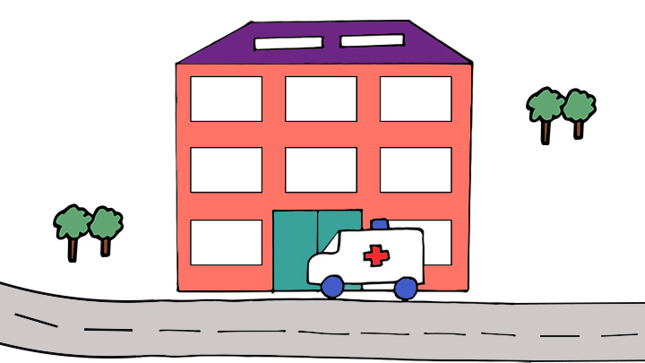 Hand-drawn cartoon of hospital with ambulance leaving. 