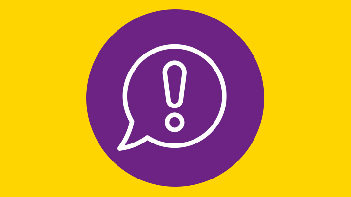 Graphic of a speech bubble with an exclamation mark inside it on a yellow background.
