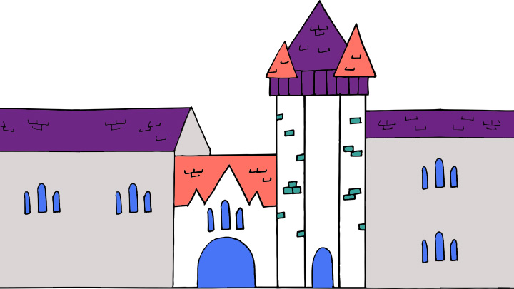 Hand-drawn cartoon of the Whitworth Building, University of Manchester.