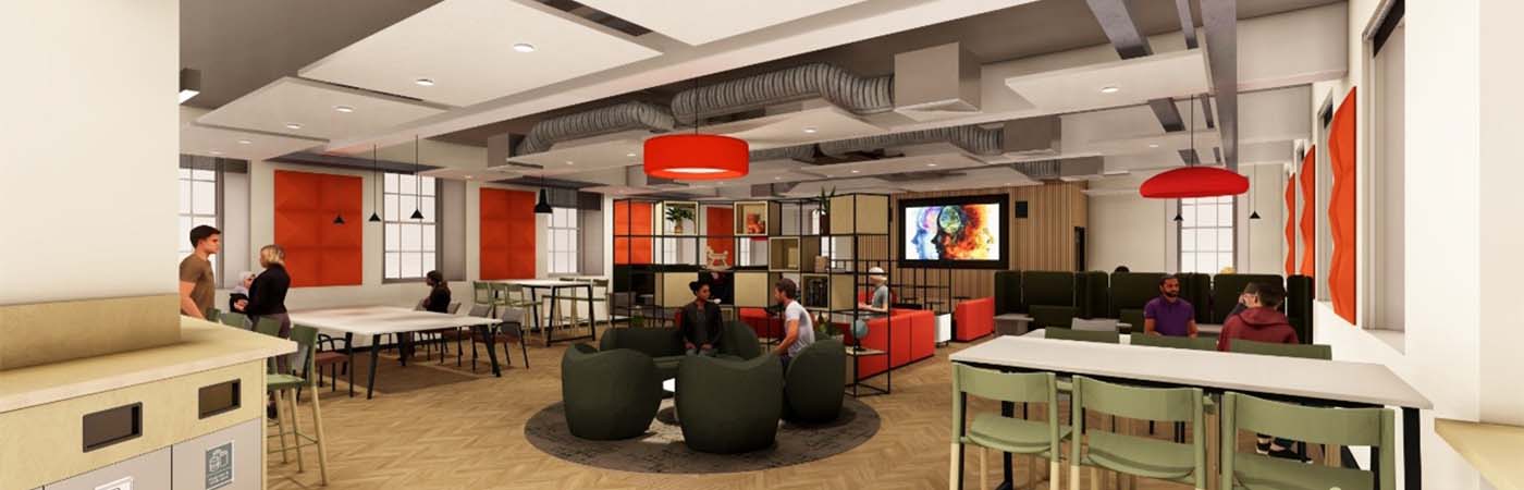 Architectural visualisation of Zochonis building refurbishment showing open-plan modern study space with desks and collaborative seating areas.