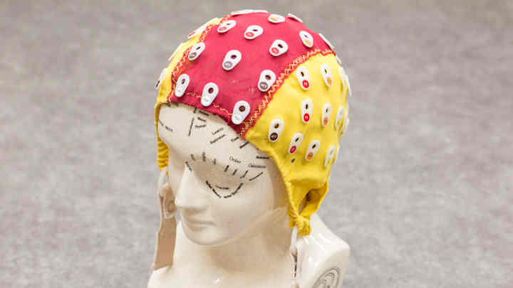 Phrenology head with an EEG cap on it.