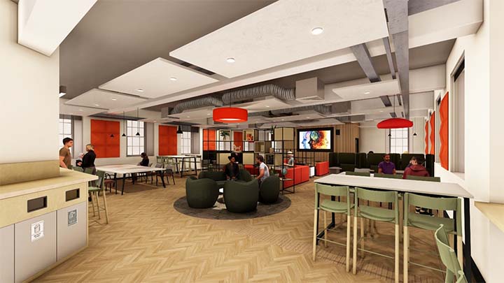 Architectural visualisation of Zochonis building refurbishment showing open-plan modern study space 