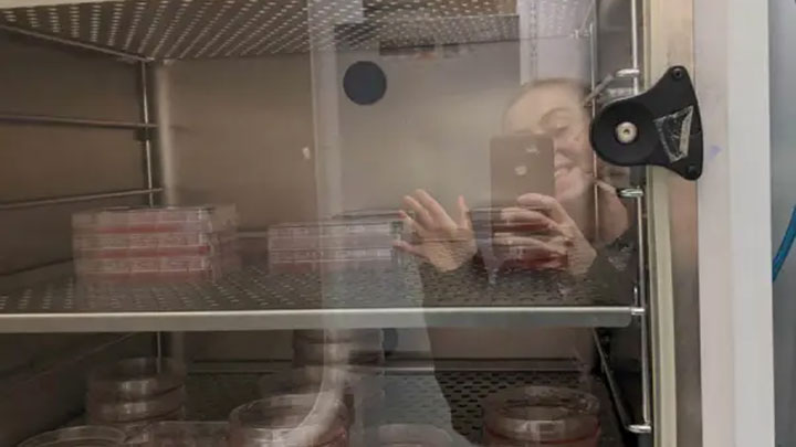 A reflection of Katie, a PhD student, in a glass cabinet.