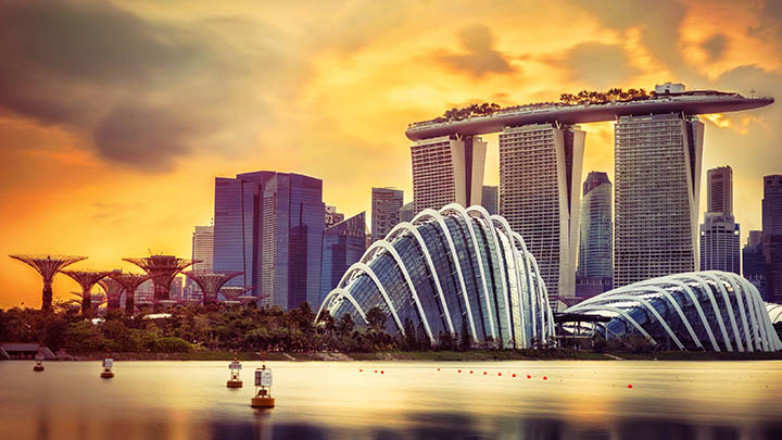 Singapore skyline at sunset.