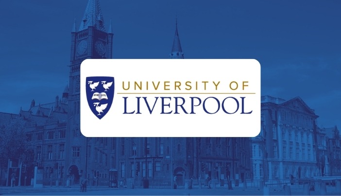 University of Liverpool logo with blue background showing university buildings.