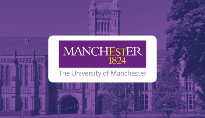 The University of Manchester logo with a purple background showing university buildings.
