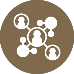 An icon showing a circles representing people connected together on a gold background.