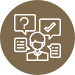 An icon showing a person with various bubbles representing questions, answers, documents on a gold background.