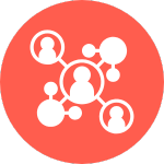 An icon showing circles and outlines of people connected by lines an orange background
