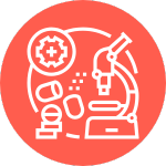 An icon showing a pill, cog and microscope an orange background.